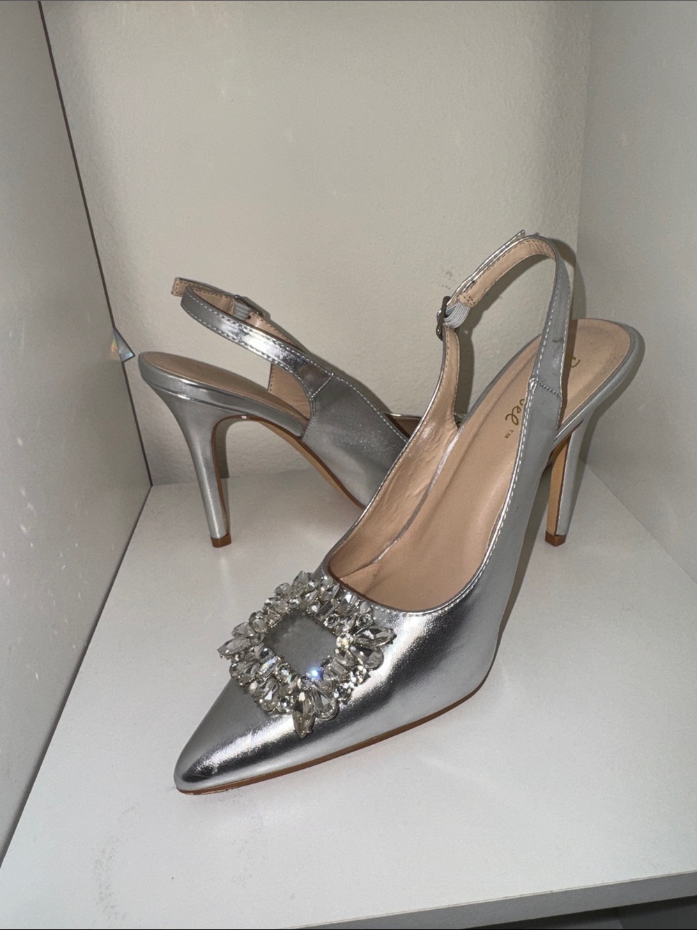 Bonnibel Silver Slingback Heels with Crystal Buckle